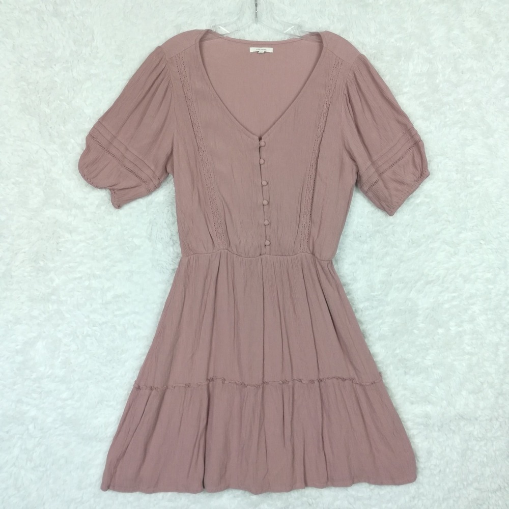 Maurices Womens Dress Mini Pink Button Front Puff Sleeve Mauve Blush V Neck S